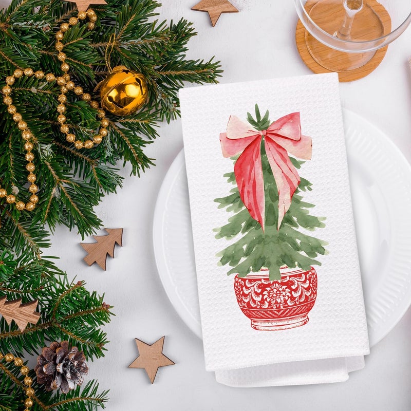 SPBL&L Chinoiserie Christmas Kitchen Towels,Red Bow Coquette Christmas Tree Dish Towels for Kitchen Bathroom, Red Christmas Hand Towels for Kitchen,Set of 2 Grandmillennial Decor,16x24 Inches - Image 3